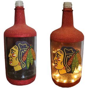 Chicago Blackhawks Inspired Hand Painted Lighted Bottle Glass ManCave Hockey 12"